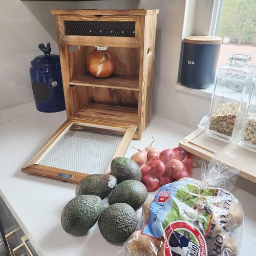 Ikee Design Free Assemble Wooden Countertop Potato and Onion Storage Bin Box,Countertop Cabinet, Wooden Bread Boxes, Potato Storage, Coffee Station, 11.8W x 6.8D x 16H in, Rustic Color - color: Rustic Brown, 2 Door