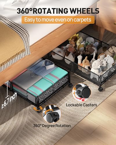 Under Bed Storage with Wheels, Foldable Pattern Carved Metal Under Bed Storage Containers, 60L Rolling Underbed Storage, Easy Assembly Under The Bed Storage for Shoes, Clothes, Blankets... - color: Black, size: 1 Pack