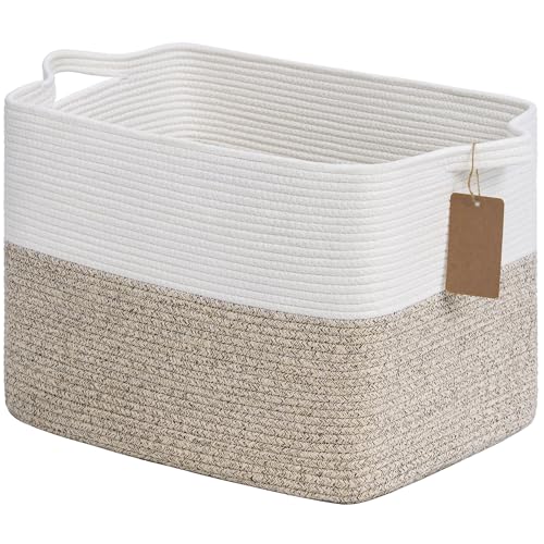 Goodpick Woven Storage Baskets for Organizing, Blanket Basket Living Room, Rope Baskets for Storage, Rectangle Toy Basket With Handles, Brown and White, 18 x 14 x 12 Inches - color: Light Brown, size: 18"L x 14"W x 12"H
