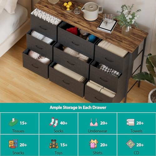 VASICAR Wide TV Stand for Bedroom, Dresser with 9 Deep Drawers, Fabric Storage Cabinet, Modern Chest of Drawers for Closet, Nursery, Living Room（Black） - color: Black