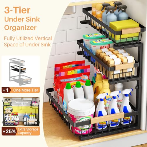 PXRACK Under Sink Organizer, 3-Tier 2-Pack Adjustable Height Pull Out Under Cabinet Organizer, Slide Out Thickened Metal Under Sink Storage for Kitchen Bathroom Laundry Pantry Organization, Black - color: Black