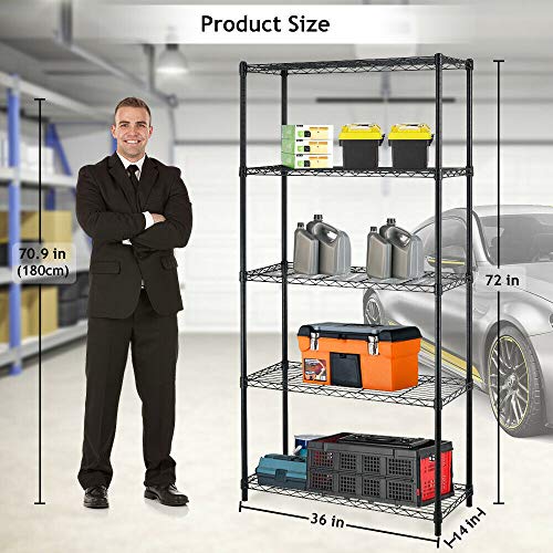 BestOffice | 5-Tier Wire Storage Shelves | 36x14x72 | Black | with Adjustable Racks | Heavy-Duty Metal Shelf, Holds Upto 1000 lbs | No-Tool Assembly | Ideal for Home & Garage Shelving - color: Black, size: 36"D x 14"W x 72"H