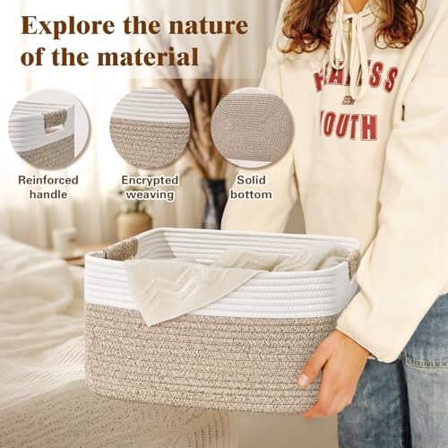 2 Pack Large Storage Basket for Organizing, 17.5"x13"x7" Woven Basket for Shelves, Closet Cube Storage Bins with Wrapped Handle, Cotton Rope Baskets for Kitchen, Clothes, Toys(Off White & Brown) - color: Off White & Brown, size: 2 Pack