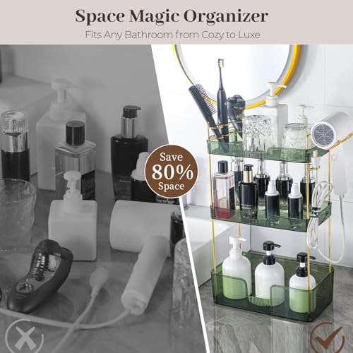 Aveniee Bathroom Counter Organizer,3 Tier Skincare Perfume Countertop Storage with Hair Dryer Rack and Toothbrush Holder, Cosmetic Makeup Tray for Vanity - Green - color: Gem Green, size: 3 Tier-New