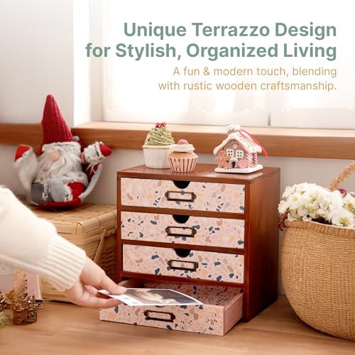 Terrazzo Pattern Wooden Desk Organizer - 4-Drawer Desktop Storage - Modern & Rustic Wood Cabinet for Office Supplies, Craft Tools, & Home Organization - Cute Drawer Unit - color: Pastel Terrazzo