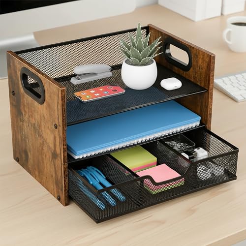 Wood Desk Organizer - 3-Tier Desktop File Organizer with Drawer, Wooden Paper Tray, Office Desk Organzier and Accessories for Papers, Mail, Notebooks, Stationery - size: 3 Tier Drawer