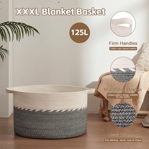 OIAHOMY 125L Extra Large Blanket Basket, 25" x 16", Jumbo Laundry Hamper, Cotton Rope Basket with Handles,Baby Toy Storage Bins,Black - color: Black, size: 25" x 25" x 16"