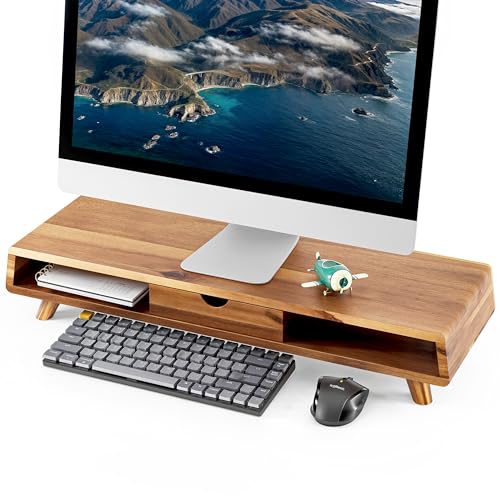 TINAMO Acacia Wood Monitor Stand with Drawer - Wooden Monitor Riser for Desk - Computer Monitor Stand for Desk - Multi-Purpose Desktop Storage Stand for Computer; Laptop; Printer; TV - 24.4 " x 8" x 5" (Patented)