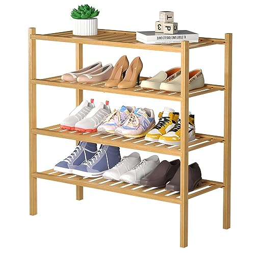 ROMGUAR CRAFT 4 Tier Bamboo Shoe Rack for Closet Free Standing Wood Shoe Shelf for Entryway Small Space Stackable 27"x11"x26" (Natural) - color: Natural, size: 4 tier