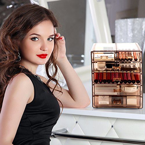 Sorbus Acrylic Makeup Organizer Set, 6-Drawer Vanity & Countertop Cosmetic Storage with Small & Wide Drawers, Bronze Glow Makeup Storage for Brushes, Lipsticks, Jewelry, Holiday Gift for Women & Teens - color: Bronze Glow, style: 4 Large, 2 Small Drawers