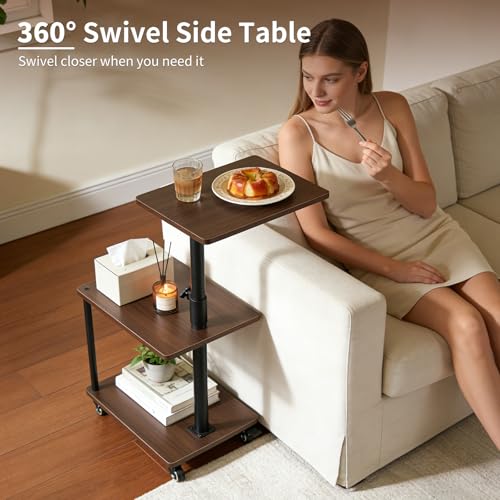 360° Swivel Side Table with Storage, Height Adjustable, Smooth-Rolling Wheels, C-Shaped End Table for Couch/Sofa, Recliner, Living Room, Walnut-Look - color: Walnut - Look