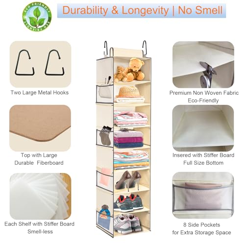 2 Pack Large-Sized Hanging Shoe Organizer 8-Shelf, Hanging Closet Organizer with 8 Side Pockets, Wider Hanging Shelves for Storage Shoes Clothes 9" W × 11.8" D× 48" H, Beige. - color: Beige - 2 Pack, size: 2 pack