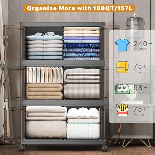 UAMFURI Extra Large Stackable Storage Bins with Lids & Wheels, 504QT-168QT/42GAL*3Pack Foldable Collapsible Closet Organizers Storage Cabinet with Doors for Bedroom Dorm - color: Black, size: 3PACK-30"W20"D50"H