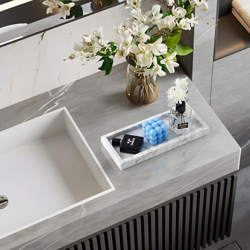 Real Natural Small Marble Tray for Bathroom, Vanity, Kitchen and Desktop, Rectangle Genuine Marble Stone Tray for Jewelry, Cosmetics, Candles, Lotion, Perfume and Home Decor (White, 12" x 5" x 1.2") - color: White, size: 12" x 5" x 1.2"