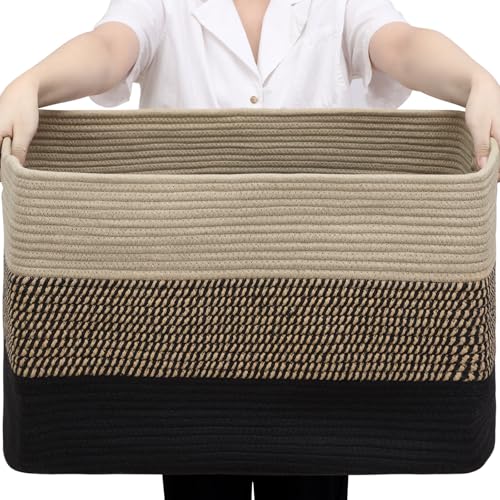 Optish 95L Large Blanket Basket, Woven Storage Baskets with Reinforced Handles, Rope Laundry Basket for Living Room, Bedroom, Nursery, Toys, Clothes,Pillows, 24” x 17” x 13.5”, Black & Brown - color: Black & Brown, size: 24" x 17" x 13.5"(95L)