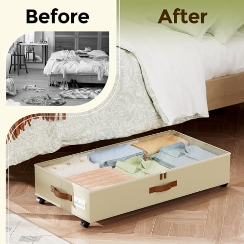 LAMU Under Bed Storage with Wheels, 2 Pack Under Bed Storage Containers with Clear Lids & Label, Rolling Under Bed Drawers for Clothes, Shoes, Blankets, Beige - color: Beige