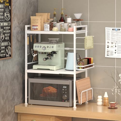 DOLALIKE Microwave Oven Rack, Expandable Microwave Stand Kitchen Countertop Organizer Utensils Storage, Carbon Steel Over Microwave Shelf with 3 Hooks (White, 3 Tier- With Storage) - color: White, size: 3 Tier (With Spice Rack)