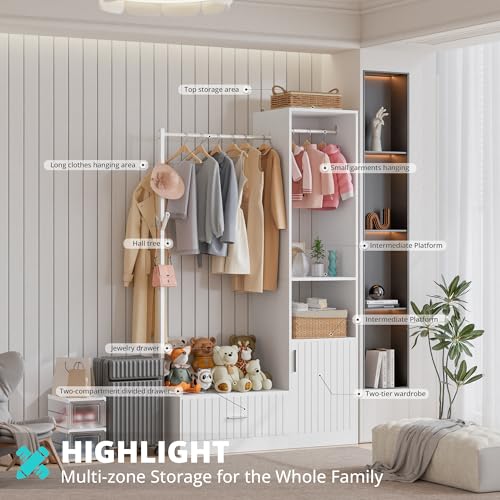 PatioPerk Closet System,Closet Organizer with Hanging Rods & Storage Shelves,Wardrobe Clothes Rack with Drawers and coat tree, Modern Garment Rack for Dressing Room, Hallway, White