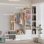 PatioPerk Closet System,Closet Organizer with Hanging Rods & Storage Shelves,Wardrobe Clothes Rack with Drawers and coat tree, Modern Garment Rack for Dressing Room, Hallway, White
