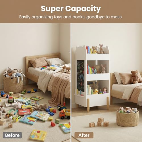 Kid Toy Bookcase,3-Tier Bear Shaped Wooden Kids Bookshelf with Legs, Montessori Bookshelf with Blackboard for Toys and Books, Storage Organizer for Living Room/Bedroom/Nursery/Kids Room-White