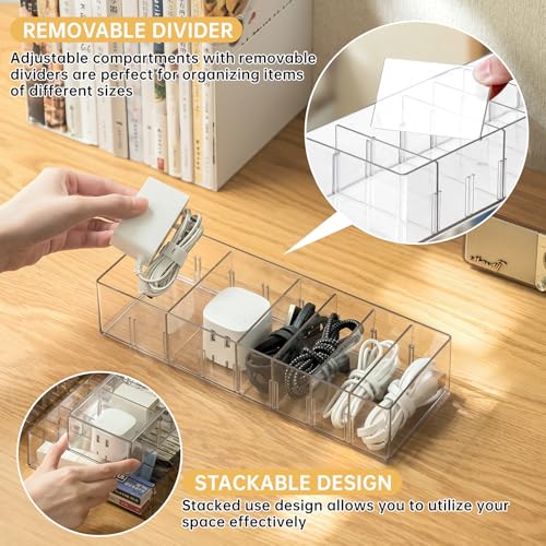 FRETONBA 2 Pack Cable Storage Organizer Box with 8 Compartments and 14 Wire Ties, Stackable Charger Organizer, Clear Cord organizer for Drawer, Adjustable Divider Cord Management Box - size: Small 2Pcs