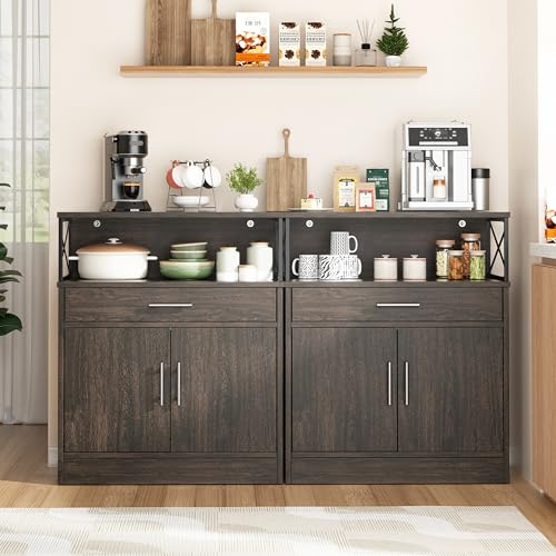 Shintenchi Kitchen Storage Cabinet with Adjustable Shelves and Drawers, Modern Buffet Sideboard, Wood Buffet Cabinet with Doors, Floor Cabinet Cupboard for Coffee Bar Living Room, Dark Brown - color: Dark Brown, size: 37.6"H