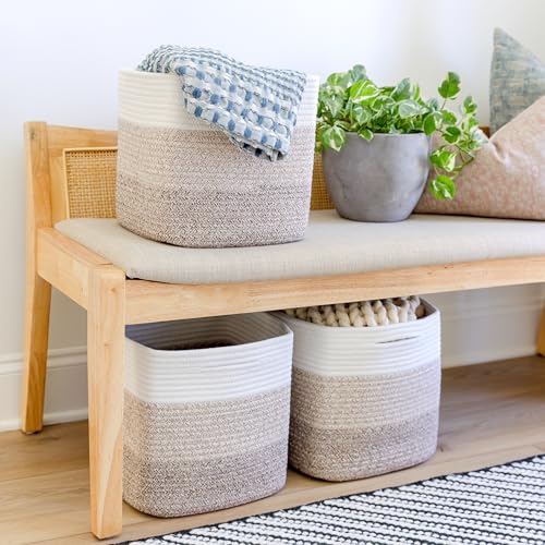 NaturalCozy Storage Cubes 11 Inch Cotton Rope Woven Baskets for Organizing, 3-Pack | Cube Storage Bin | Square Storage Baskets for Shelves Organizer, Classroom, Kids Toy Bins, Closet, Baby Nursery - color: 3-Tone Brown