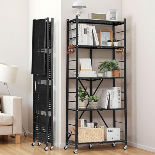 VEVOR 5-Tier Foldable Storage Shelf, 28W x 13D x 66H Inch Folding Metal Rack Shelving Unit, No Assembly Organizer Shelf with 5 Wheels & 4 Hooks for Pantry, Kitchen, Garage, Basement, Black - color: Black, size: 5-Tier