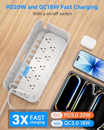 Surge Protector Power Strip with Cable Management Box,Cord Organizer Box with 10 Outlets and 3 USB Ports,Individual Switches,6 ft Flat Plug Extension Cord,Under-Desk and Desk Wire Storage Hider,White