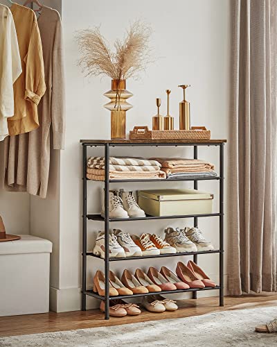 VASAGLE Shoe Rack, 5-Tier Shoe Storage Organizer for Entryway and Closet, Holds 12-16 Pairs of Shoes, 4 Fabric Shelves, Steel Frame, Industrial, Rustic Brown and Black ULBS036B01 - color: Rustic Brown + Black, size: 5 Tiers (29.5"W)