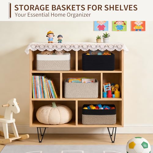 Goodpick 4 Pack Storage Baskets for Shelves, Rectangle Wicker Storage Bins for Baby Shower Toys, Decorative Organizer Shelf Baskets for Gifts Empty, 13''L x 8''W x 6''H, Black & Jute - color: Black & Jute