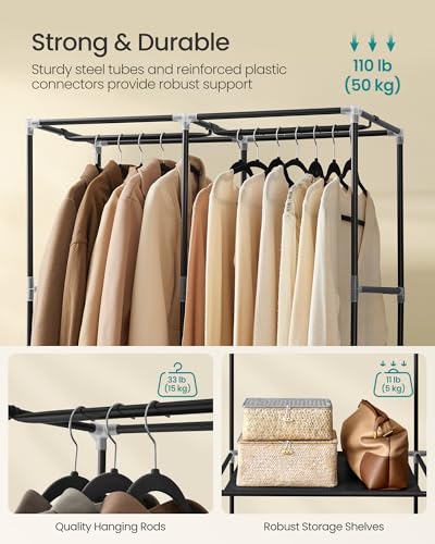 SONGMICS Portable Closet, Wardrobe Closet Organizer with Cover, 2 Hanging Rods and Shelves, 4 Side Pockets, 33.9 x 17.7 x 65.7 Inches, Large Capacity for Bedroom, Living Room, Ink Black URYG091B01 - color: Ink Black, size: 2 Tiers（33.9''L）