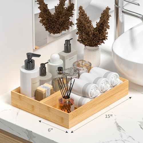Kitchen Drawer Organizer Bins, Stackable Bamboo Deep Drawer Organizer for Silverware, Utensils, Cutlery, Flatware, Junk Drawer, Dresser, Bathroom, 15" x 6" x 2.5" (Set of 2) - color: Bamboo, size: 15 x 6 x 2.5 Inch
