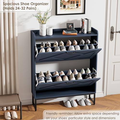 Nicetree Shoe Storage Cabinet, Shoe Cabinet with 2 Flip Drawers, Narrow Shoe Rack Cabinet, Farmhouse Slim Shoe Cabinet Storage for Entryway,Blue - color: Navy Blue, style: 2-Drawers