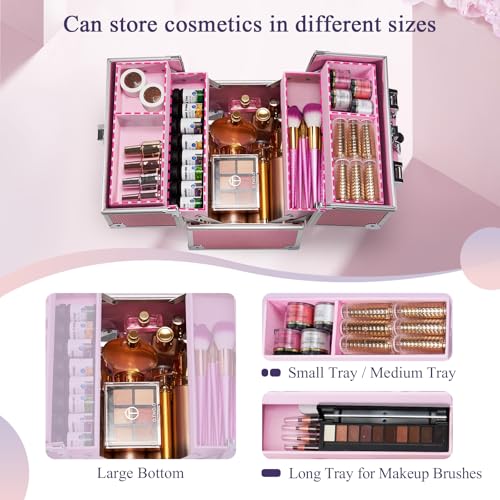 Frenessa Makeup Case Makeup Box Cosmetic Organizer Case Portable Make Up Artist Travel Case Storage Box 4 Trays with Dividers Lockable Hard Train Case Nail Tech Supply Storage Mermaid Pink - color: Pink