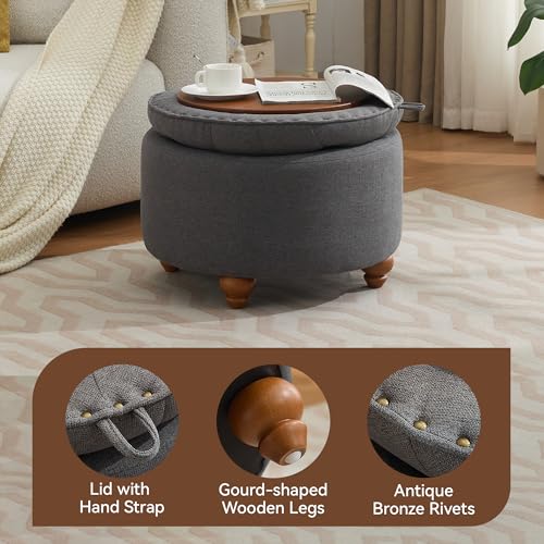 WUTUTUEE 24Inch Round Storage Ottoman with Tray, Modern Tufted Fabric Circle Coffee Table with Storage, Upholstered Ottoman with Removable Top for Living Room, Bedroom, Dark Grey - color: Dark Grey, size: 24 Inch