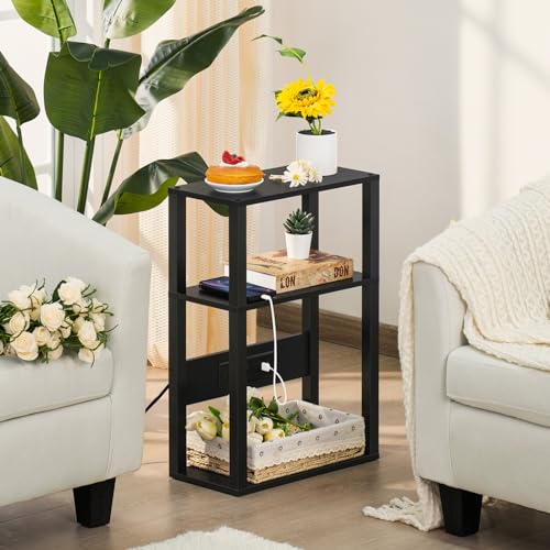 YUFAM 3-Tier Small Narrow Wood Side Table with Charging Station, Skinny Nightstand for Small Space, Slim Bedside Table with Storage for Couch, Thin End Table with USB Ports and Outlets, Black - color: Black, size: 1 Pack