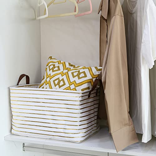 Hinwo 31L Large Storage Bins, 2-Pack Closet Organizers and Storage, Foldable Clothes Storage Baskets with Handles, Containers for Clothing, Blanket, Towels, Toys, Bedding (Gold Stripe) - color: Gold Stripe, size: 16.5" / 31L / 2-Pack