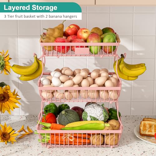 3 Tier Fruit Basket for Kitchen Counter with 2 Banana Hangers, Countertop Metal Fruit Bowl with Wooden Handle, Large Storage Stand for Vegetables, Snacks, Breads, Produce Storage – Pink - color: Pink, size: 3 Tier