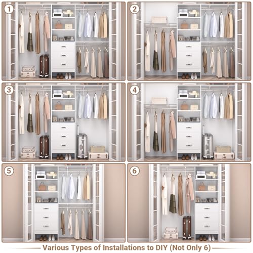 Besiost Closet System with Drawer - 8FT Wood Closet Organizer System with 3 Hanging Rods and Shelving Tower, 96" Walk In Closet Organizer Wardrobe, Heavy Duty Garment Rack Clothes Rack, White - color: White