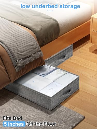 punemi 5 Inches High Low Profile Under Bed Storage Containers，No-Structure,Soft Fabric Zippered Underbed Storage bins for Clothes and Blankets— Fits Under Crib, Couch or Dorm bed,2-Pack,Grey - color: Grey-soft-2pack, size: 5 inch