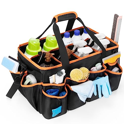 HODRANT Extra-large Wearable Cleaning Caddy, Organizer Bag for Housekeeper with Pad, Handle & Divider, Car Wash Tools Bag for Detailing Supplies, Orange Edge - color: Black with orange edge