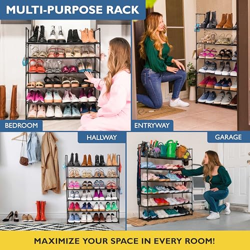 Sundaze Shoe Rack - 6 Tier Metal Shoe Rack for Front Door Entrance, Sturdy Tall Shoe Organizer for Closet, Bedroom, Entryway, Garage, Black Metal Shoe Shelf, Holds Up to 30 Pairs