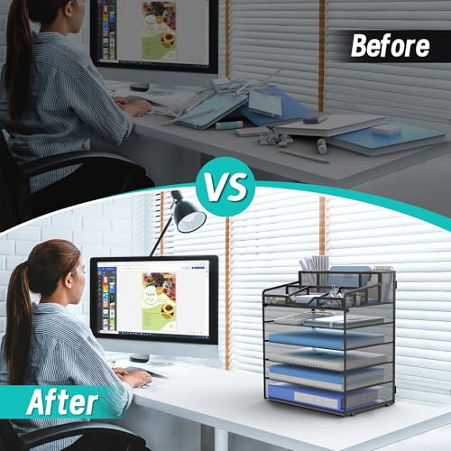 6 Tier Mesh Desk Organizer,Multi Functional Letter Paper Tray with 3 Pen Holders and 5 Adjustable Storage Compartments for Office Supplies Files and Mail Space Saving Desktop Organizer-Black - color: 6 Tier-black