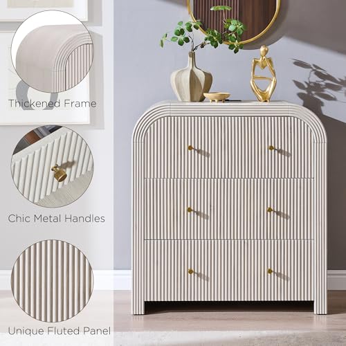 T4TREAM Fluted Dresser with 3 Drawers, 32" Tall Modern Chest of Drawers with Thickened Curved Profile Design, Wood Closet Clothes Storage Organizer for Bedroom, Living Room, Hallway, Alder White - color: Alder White, size: 15.7"D x 30"W x 32"H (3 Drawers)