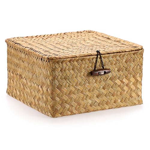 Hipiwe Wicker Shelf Basket Bin with Lid Square Handwoven Seagrass Box Decorative Household Storage Container Multipurpose Organize for Bookshelf Living Room Bathroom, Small Caramel - color: Caramel, size: Small