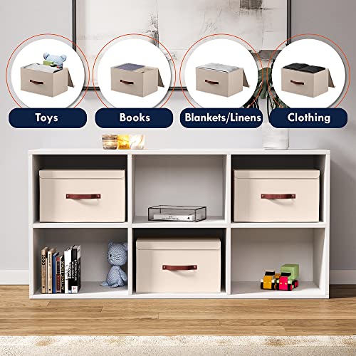 Ornavo Home 6 Pack Collapsible Storage Bins with Lid, Foldable Linen Fabric Shelf Storage Basket Closet Organizer and Large Storage Box for Clothes with Leather Handles, 15 x 10 x 9, Beige - color: Beige, size: Large - 6 Pack