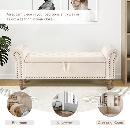 Furnimart Storage Bedroom Bench for End of Bed, Faux Linen Upholstered Storage Ottoman with Rolled Arms for Bedroom,Living Room, Entryway, 2.5Cubic Feet - color: Faux Linen/Beige