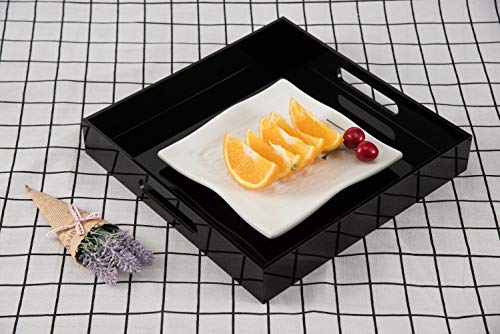 Glossy Black Sturdy Acrylic Serving Tray with Handles - 12x12 Inch Multipurpose Tray for Coffee, Appetizers, Breakfast, and More - color: Glossy Black, size: 12" x 12" x 2"