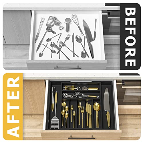 Utensil Organizer Silverware Drawer Organizer - Bamboo Expandable Cutlery Tray with Dividers for Utensil Holder Office Storage Makeup Desk Drawer Tool Organization W13.5"-19.5" x L17.5" x H2.5"(Black) | Expandable, Cutlery Tray, with Dividers, Utensil Hol